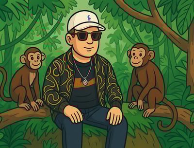 Hustensaft Jüngling sitzt auf einem Ast im dichten Regenwald, begleitet von zwei Affen, umgeben von üppiger Vegetation.