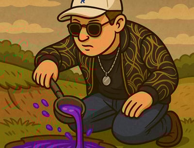 Hustensaft Jüngling kniet am Boden und schöpft leuchtend lilafarbene Flüssigkeit mit einer Kelle aus einer Quelle im Erdreich