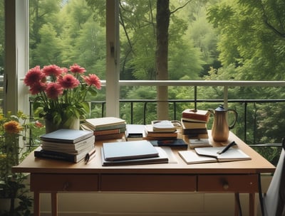 desk with books and flowers looking out into a garden