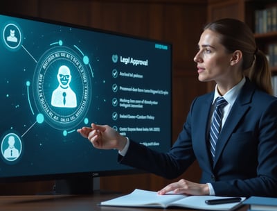 a woman in a suit and tie is pointing at a screen with a virtual interface