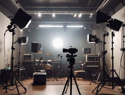 A modern music studio with vibrant red and blue lighting, featuring a large mixing console with a digital display showing the logo 'MMP'. Studio monitors and electronic equipment are visible around the console.