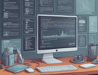An abstract, pastel-colored, 3D-rendered representation of data analysis and search engine optimization (SEO). The image features a computer interface with various analytics symbols, including a magnifying glass, bar charts, pie charts, and a search bar with the text 'SEO'. Surrounding the interface are different objects such as a potted plant, a cup with a saucer, and a megaphone, all placed on a light green background.