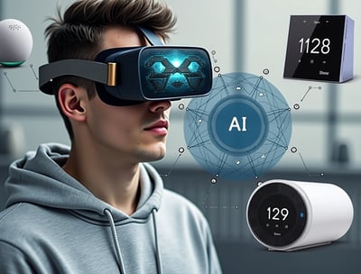 Representação de tecnologia futurista com IA, realidade mista e conexão global, hologramas e gráficos digitais flutuando