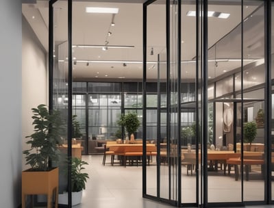 A modern architectural facade features large glass windows adorned with geometric patterns. Metal frames and beams create a grid-like structure, allowing ample light to penetrate. The design reflects urban sophistication and contemporary styling.