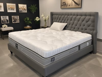 A modern bed with a sleek, minimalist design featuring a padded blue and white mattress. The textures appear soft and comfortable, suggesting luxury and relaxation.