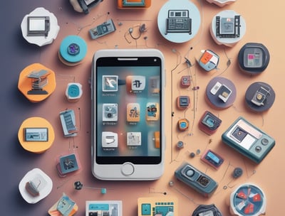 A smartphone displays a social media app with a grid of various post previews, showcasing different images and items such as shoes and accessories. The phone is placed on a clean, white surface.