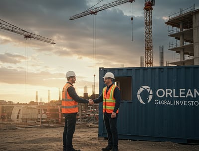 two men shaking hands in front of a container container