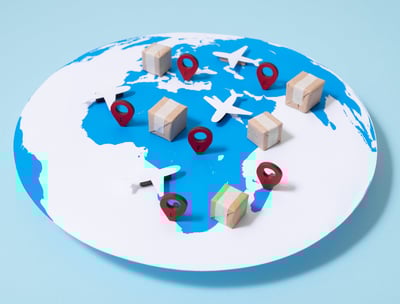 Map with airplanes, pins, and packages highlighting global sourcing and international supply chain r
