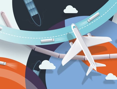 Illustration of airplanes and cargo routes representing fast and timely global delivery services