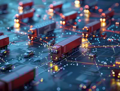 Digital illustration of connected delivery trucks representing an efficient and extensive supplier n