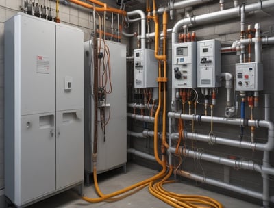 A man wearing a blue cap is working in a utility room, handling electrical wiring and a control panel. He stands on a step stool, focusing intently on the task. The background features various pipes, electrical conduits, and panels.