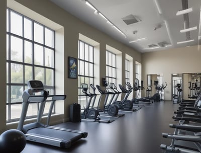 A modern apartment complex featuring two multi-story buildings with large windows and balconies. The complex is surrounded by landscaped areas with palm trees and a small pool in the center. Several parked vehicles are situated along the paved driveway that runs between the buildings.