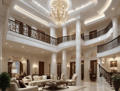 A modern interior architectural design featuring a series of staggered glass railings and stairs with wooden ceiling panels. The space is bright, with light streaming in from large windows in the background.