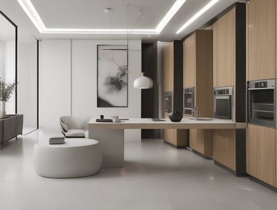 An interior architectural design featuring a large skylight with blue-tinted glass panels. The structure is characterized by smooth, curved wooden elements that create a modern and elegant aesthetic. The lighting is soft and focused, creating contrasting shadows and a warm ambiance.