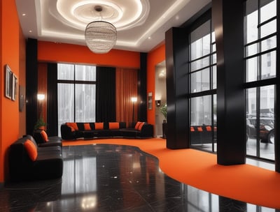 A spacious modern interior features a high ceiling with numerous vertical rectangular light openings. The walls have a dark brown tone, creating a sophisticated and minimalist ambiance. The room is furnished with organized rows of plush armchairs and sofas, predominantly in white and soft taupe colors, complemented by metallic side tables. The arrangement reflects a balance between luxury and minimalism.