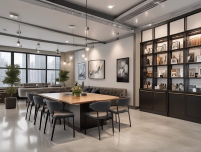 An architectural interior featuring a modern, geometric design with a floating glass and white structure against a wall of gray marble. The ceiling is patterned with a grid of recessed lights and panels, enhancing the clean and contemporary atmosphere.