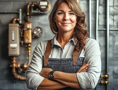 a smiling woman in overalls standing in front of a wall of pipes