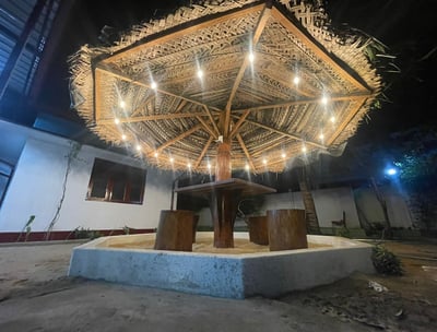 a thatched umbrella with lights on it