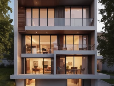 A modern architectural design featuring a series of large glass panels set in a geometric pattern. The structure includes strong lines and angular shapes, creating an expansive and airy space with natural light streaming through the transparent ceiling.
