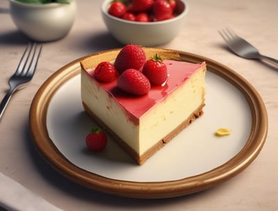 A round dessert with a light, creamy texture and speckled with small dark bits, likely a type of cheesecake or pie, sits on a glass plate. The background features a red and black checkered cloth and a tipped-over white container with ingredients.