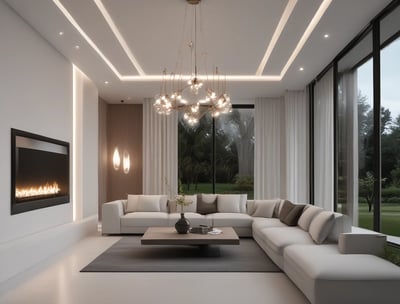 A series of modern, linear ceiling lights are suspended in an architectural interior. The ceiling features geometric shapes, and the lighting creates a pattern of elongated lines across the space. Soft natural light filters through the windows, adding to the minimalist and sleek design.