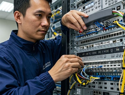 TCT technician installing VoIP phone system in Minneapolis office.