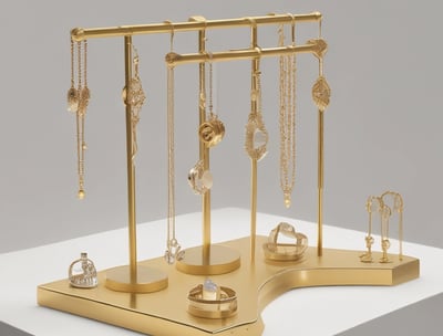 A jewelry display in a store showcases a set of jewelry with blue gemstone accents. The centerpiece is an elegant necklace with a heart-shaped design and matching earrings. The pieces are presented on a green velvet display stand, giving a luxurious and sophisticated appearance.