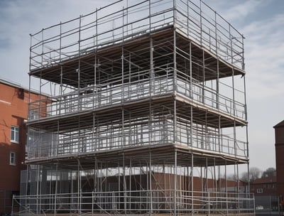 Scaffolding is set up inside a partially constructed building, with metal poles and wooden planks forming platforms. The interior shows exposed brickwork and unfinished walls, with a view of the cloudy sky above through an open section.