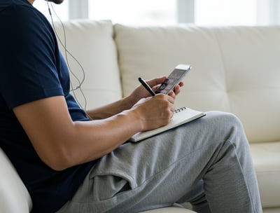 male founder listening to podcast at home