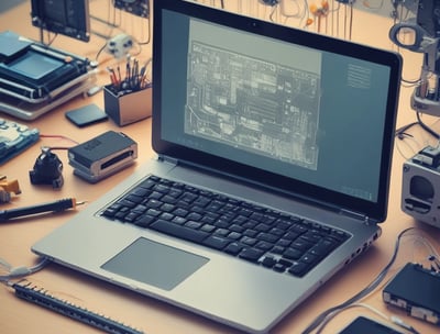 A laptop computer with a website displayed on the screen featuring the text 'Exceptional Web Application design & development'. The laptop is on a dark surface, and the website has a clean and modern design with a light background and colorful text elements.