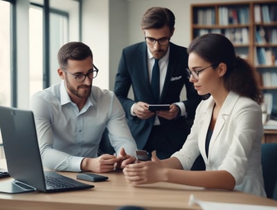 Un homme et une femme en réunion devant un ordinateur et un smartphone sur une table