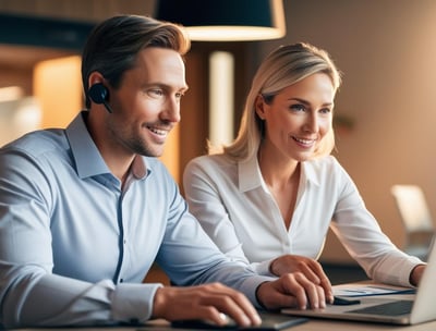 a man and woman sitting at a desk with a laptop