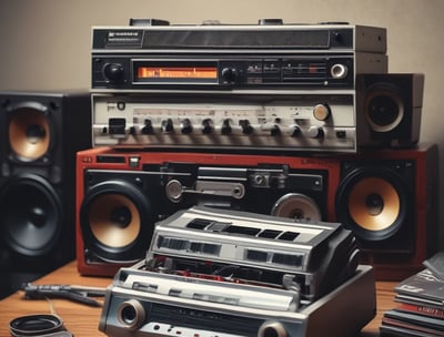 A collection of vinyl records is displayed in black crates on shelves. The surroundings include various music paraphernalia such as CDs, posters, and decorative items. There are also some framed artworks and magazine covers on display, contributing to a vintage and eclectic atmosphere.