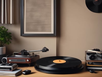 A collection of vintage vinyl records is displayed on a blue cloth. Various album covers with colorful artwork and text are visible, reflecting a range of music genres. There are also some cassette tapes and other miscellaneous items on the table. The setting appears to be an outdoor market, with a tiled surface visible underneath.