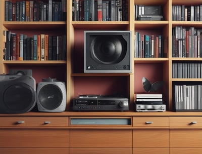 A collection of vintage vinyl records is displayed in a dark, perforated wooden shelf. The record covers feature classic artists and iconic album art, including images of performers and stylized graphics.