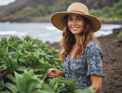 Workers wearing straw hats are harvesting crops in a lush, green field surrounded by a row of tall palm trees under a clear blue sky. Several people are visible, spread out across the field, engaging in agricultural work.