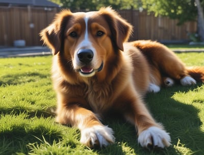 A small, fluffy dog with a muddy coat stands on a paved path, holding a leash. The background features a grassy edge and a brick wall.