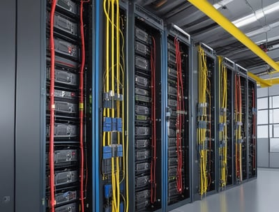 A close-up view of a network server rack filled with multiple fiber optic cables and connectors. The cables are predominantly yellow and green, some labeled with tags, and they are connected to various ports and modules. The setup appears highly organized and is likely part of a data center or telecommunications infrastructure.