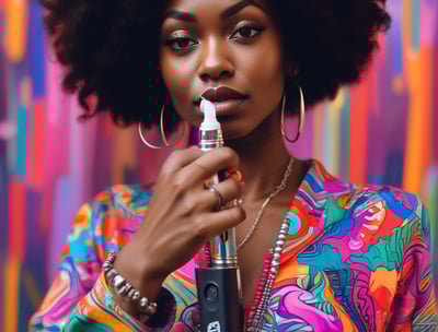 A vape device rests in the fork of a tree. The bark of the tree is textured with a variety of browns and grays. The vape device is black with a sleek, metallic finish, and features a transparent tank for e-liquid.
