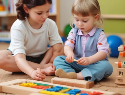 A group of women wearing casual clothing are engaging with children in a colorful room. The walls are painted with bright circles and letters. Some of the women are seated, serving food or interacting with the children, while one stands using a phone. The children are sitting or kneeling on the floor, holding bowls and cups.