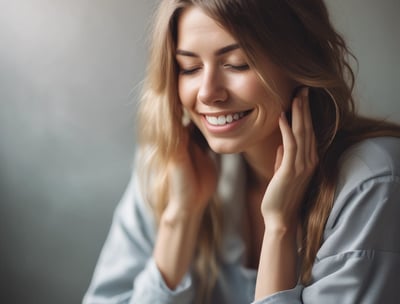 A person with long hair adorned with small, colorful flowers is gazing directly at the viewer. Patches with the words 'TAKE CARE' and 'OF YOURSELF' are placed under their eyes, emphasizing a message of self-care.