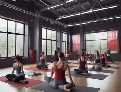 A modern gym outfitted with rows of treadmills and step machines, organized neatly in a spacious room with wooden floors. Large mirrors line the walls, enhancing the perception of space and reflecting the equipment.