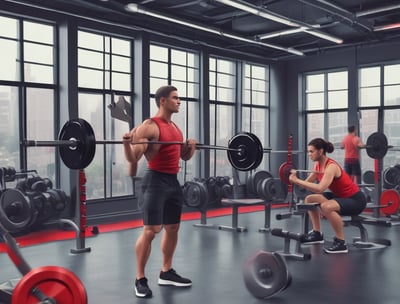 A gym interior with several people engaging in various physical exercises. The room has purple flooring and walls, and is equipped with gym equipment like rowing machines, plyo soft boxes, weights, and stability balls. There are mirrors on the walls and a TV screen displaying a video. Some individuals are performing bodyweight exercises, while others are using equipment. The lighting is bright, and the atmosphere appears active and focused.