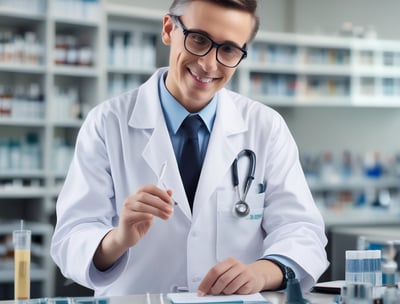 A table is cluttered with various medical supplies and equipment, including a red biohazard container, a spray bottle, packaged materials, and a tray with upright test tubes. The background features cabinets and chairs.