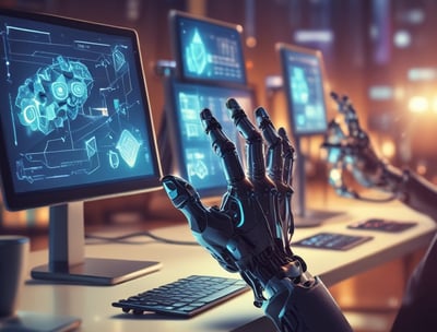Four small, white robot figures are sitting in a row, each with a laptop in front of them. They have round bodies and blue accents, with 'AI' displayed on their chests. The background is minimal and light gray, emphasizing the robots and their computers.