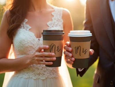 Bride and groom holding personalized coffee cups from Ancestral on Wheels wedding coffee cart