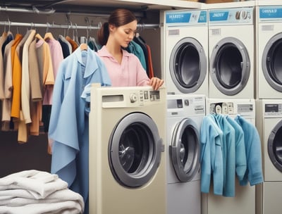 A rustic wooden building houses a laundromat with signs for wash, dry, and fold services. The signage prominently features red and blue text. Red cloth pieces are attached to antennas on the roof. The contrast between the blue sky, white clouds, and green foliage creates a quaint atmosphere.