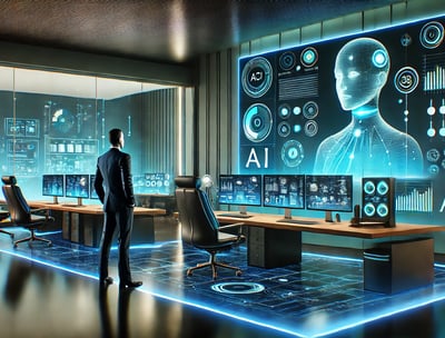 A futuristic workspace infused with AI-powered automation. A sleek, high-tech office with holographi