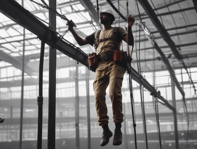A group of construction workers wearing orange safety vests, yellow helmets, and blue masks stand in a line. They appear to be on a construction site with a crane and other workers in white protective suits in the background. The setting suggests a mixture of construction and possibly some form of safety or health protocol.