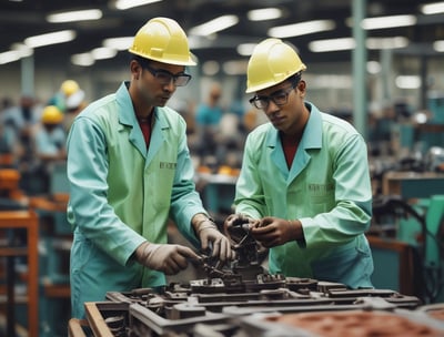 A group of workers wearing yellow safety helmets and reflective vests engage in industrial activities inside a factory setting. Some are observing while others are actively operating machinery as a large piece of equipment is lifted by mechanical hoists.